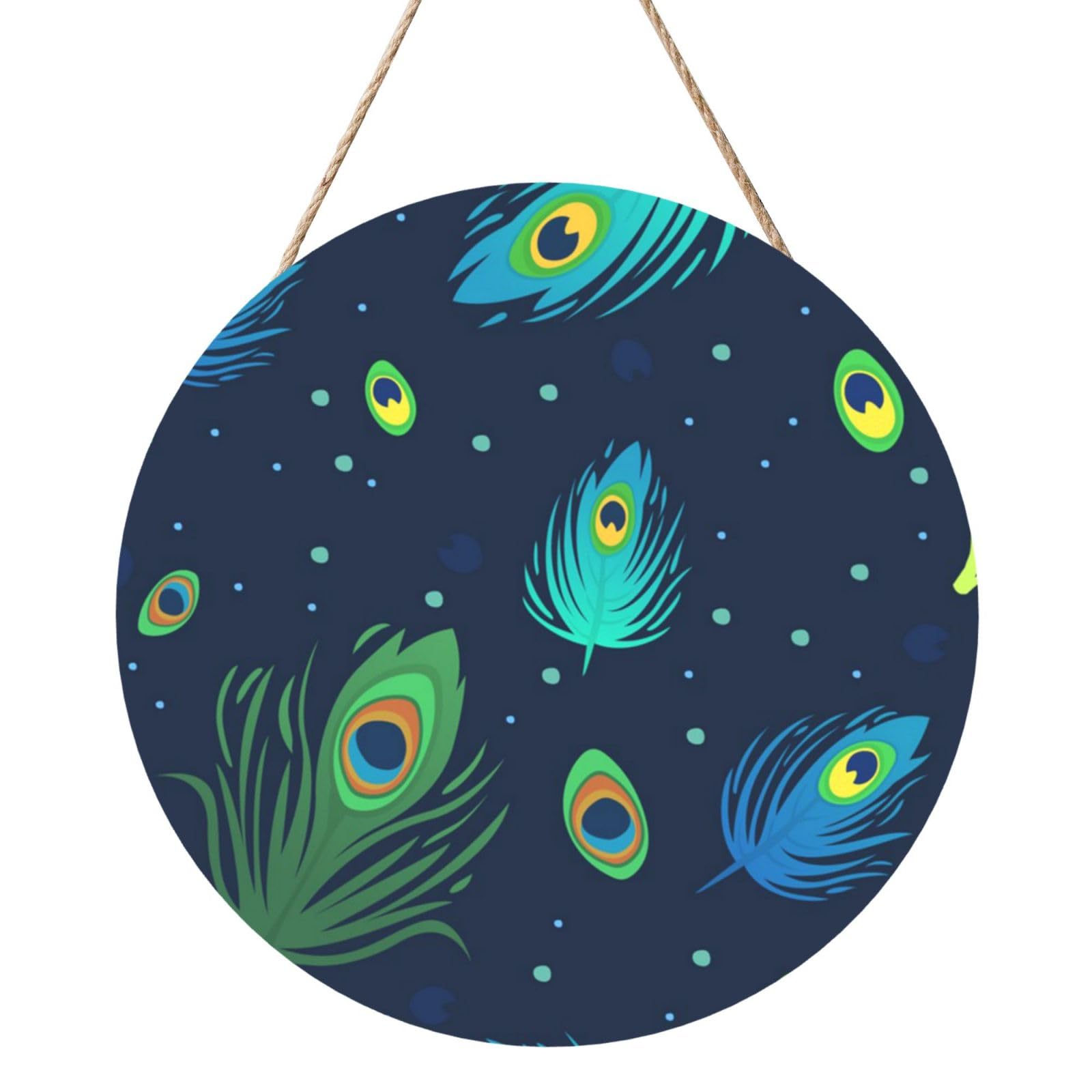 InOmak Peacock Feather Printed, Round Wood Panel Painting 12 in, Wall Hanging Painting For Home