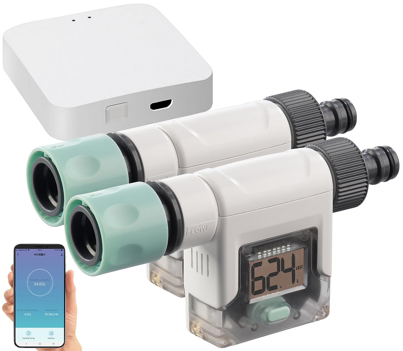 Royal Gardineer Wasserverbrauch-Zähler: 2er-Set smarte Wasserzähler für Gartenschlauch, mit WLAN-Gateway & App (Smarthome-Zentralen, Digitale Wasserzähler WLAN, Uhren)