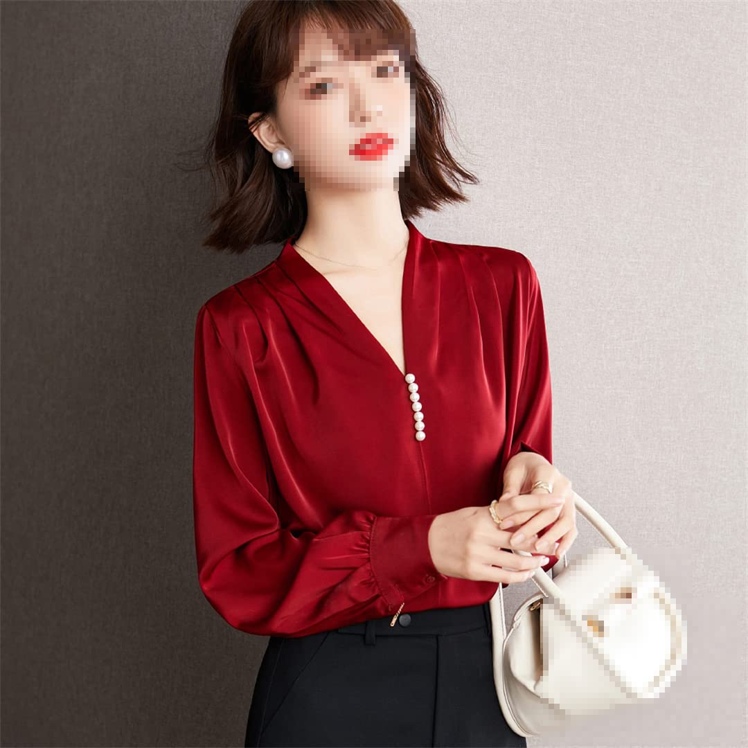 Chemise à Manches Longues à col en V pour Femmes Printemps Casual Blouse de Travail de Bureau en Vrac Chemises en Mousseline de Soie plissée perlée