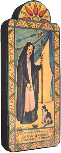 Modern Artisans Saint Gertrude - Placa Retablo hecha a mano, patrón de los gatos, 3.25 x 7.75 pulgadas