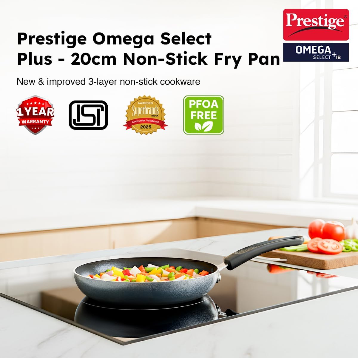 Prestige Aluminium Omega Select Plus IB Non-Stick Fry Pan for Frying, 200 mm, Multicolour, Medium
