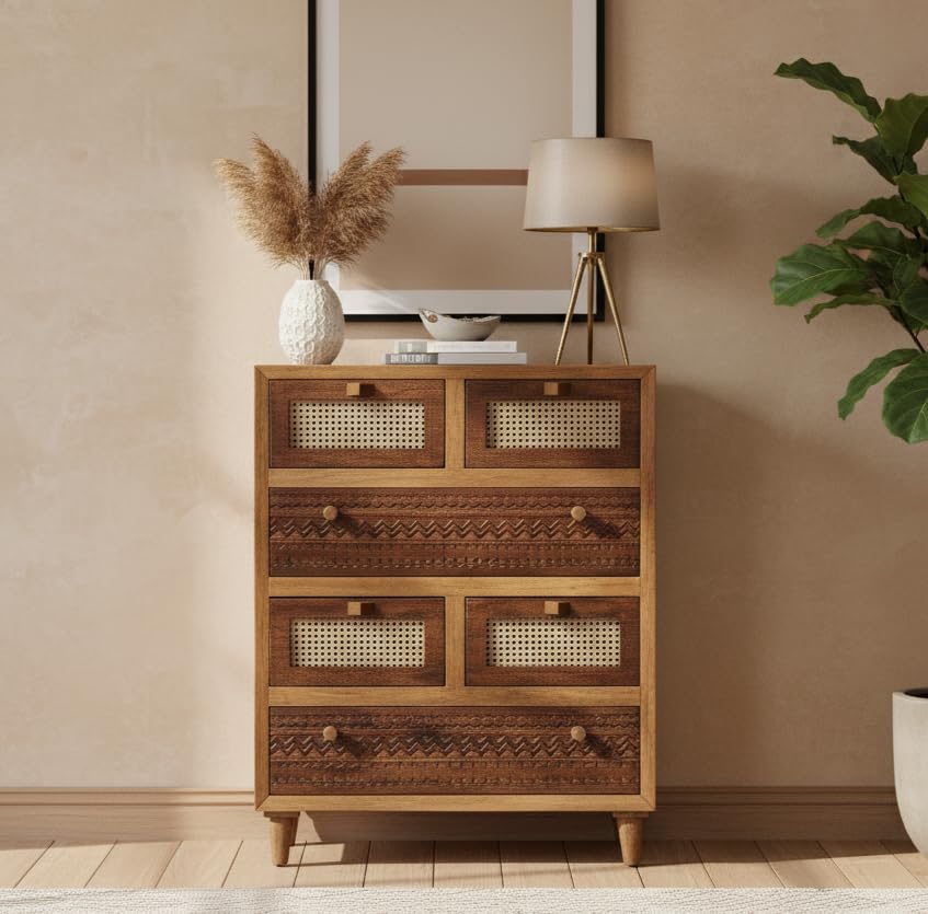 Image of Solid Wood Luffy Chest of Drawers | Chest of Drawers for Storage | 6 Drawer Dresser | Natural Cane | Finish- Light Brown and Tubaq