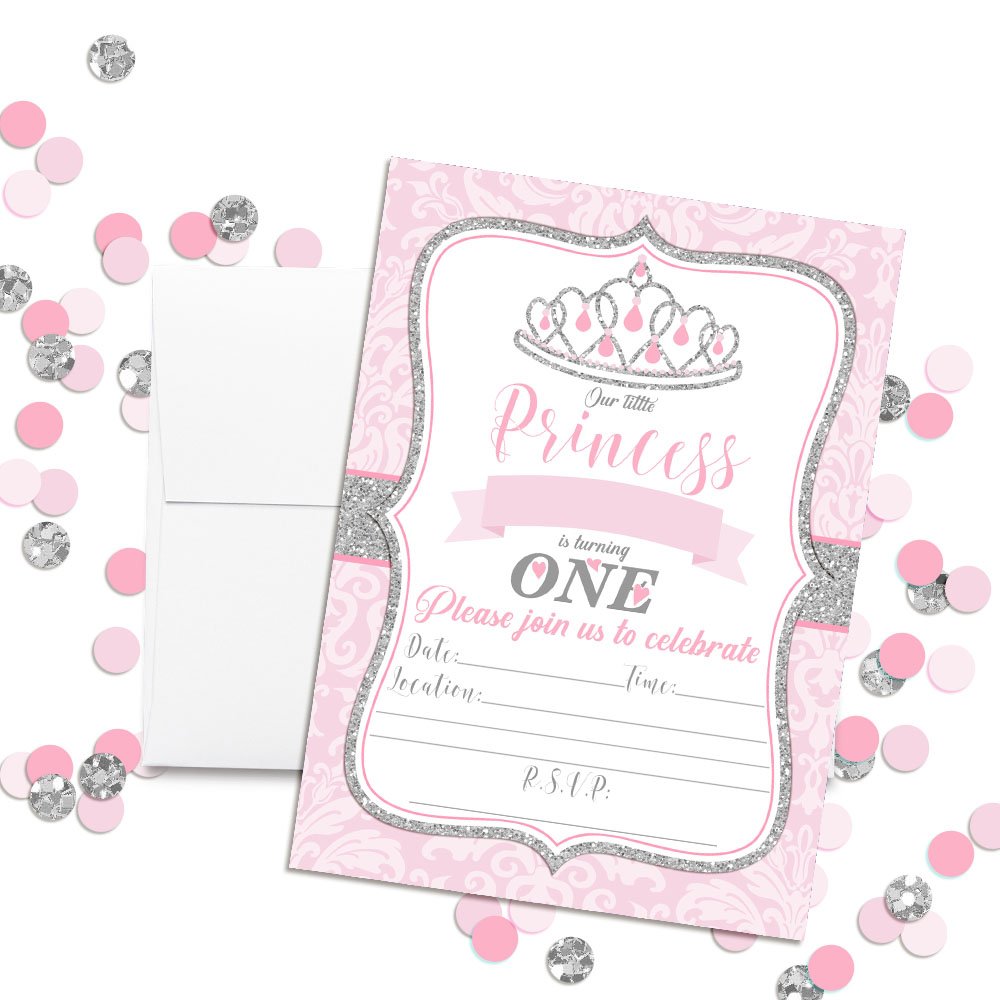 Pink and Silver Damask Princess Birthday Party Invitations for Girls, 20 5x7 Fill In Cards with Twenty White Envelopes by AmandaCreation