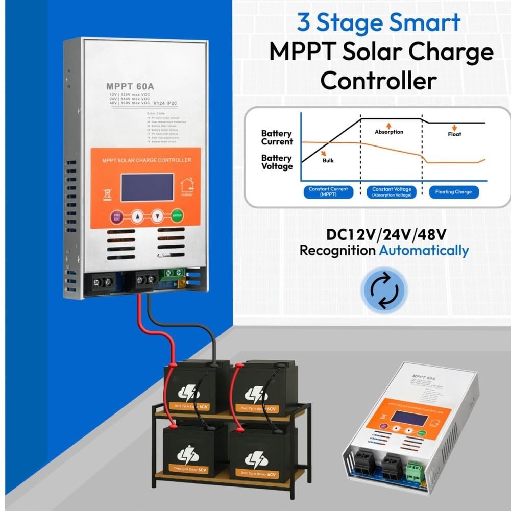 Controlador Solar MPPT de 60A, Controlador de Seguimiento de Máxima Potencia MPPT, Controlador Solar Automático 12V/24V/48V, Controlador Solar para Batería de Plomo-Ácido.