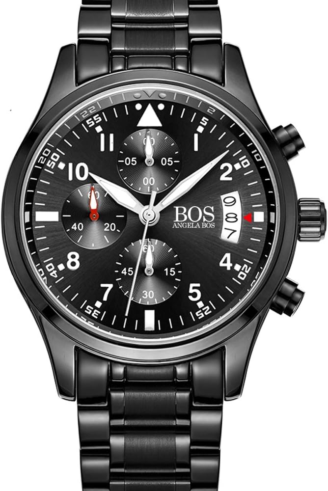 BOS Sport Mens Quartz Watch with Black Dial Chronograph Display and Stainless Steel Bracelet