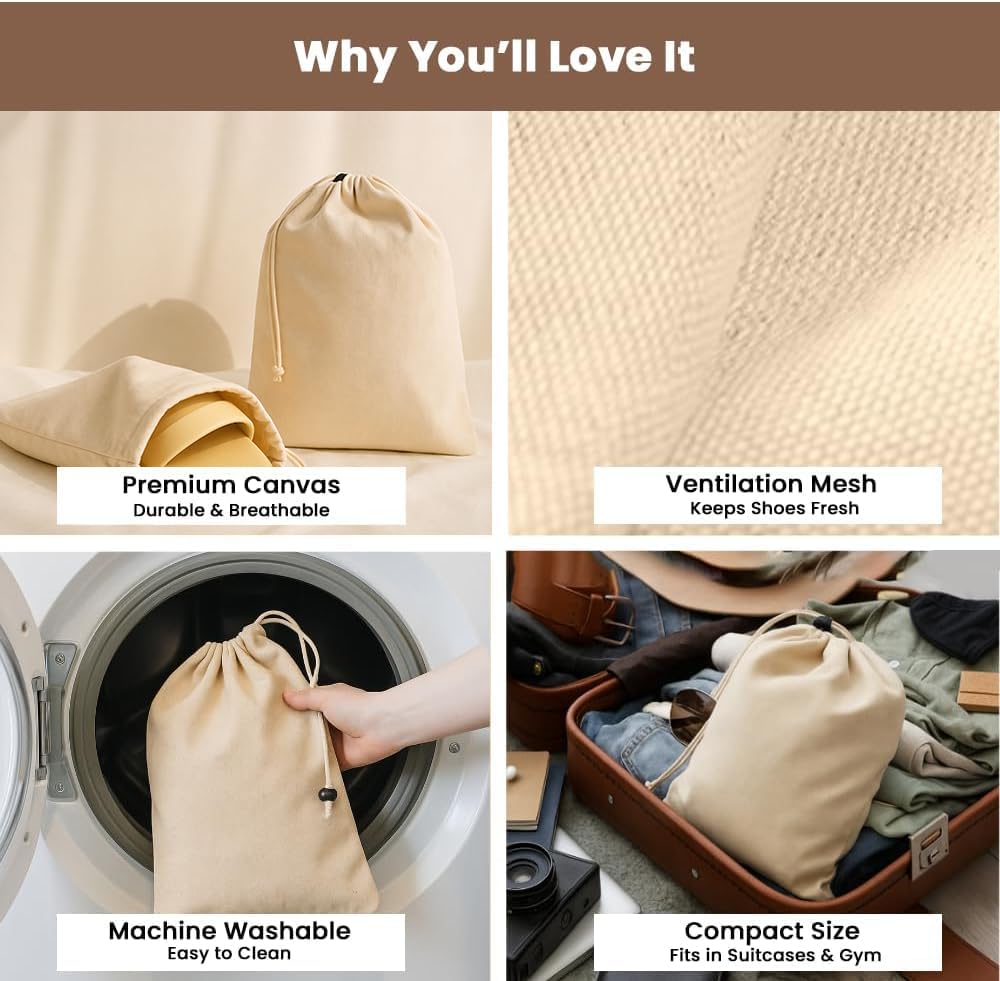 LFH Cotton Shoe Storage Bags with Drawstring, Dustproof Breathable Reusable Organizer, Perfect For Travel, Dorm, Hotel, College, Gym, Easy to Carry, 8"x17" (Pack of 2) - Natural Thanks Giving