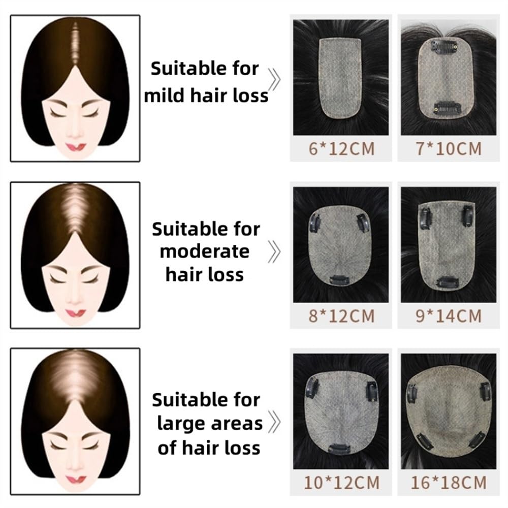 Haartopper für Frauen Echthaar-Topper for Frauen mit dünner werdendem Haar, atmungsaktive Clip-in-Haarteile auf Seidenbasis, 20 cm, glattes Remy-Haar, ohne Pony Echthaar Toupets für Frauen(Schwarz,9x1