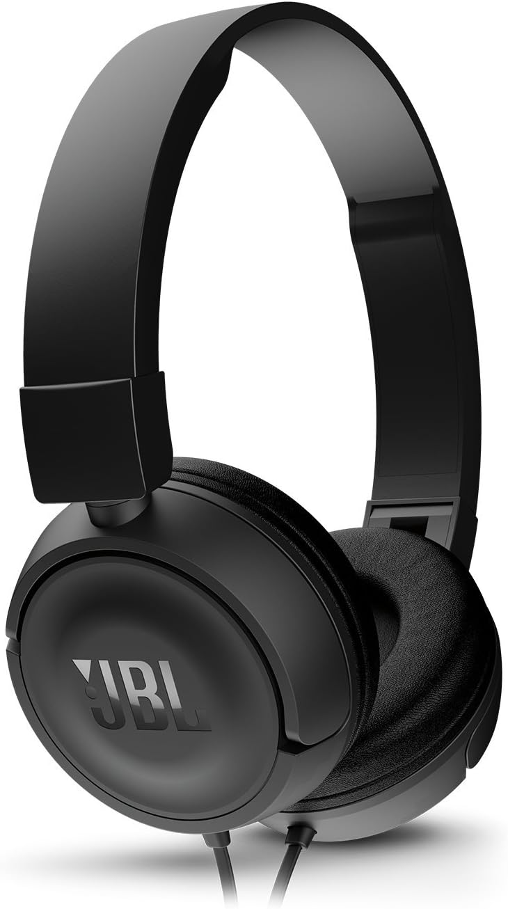 Front view of JBL T450 headphones, highlighting the cable connection.