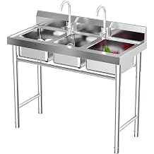 3-Compartment Sink, Commercial Kitchen 304 Stainless Steel Utility Sink with 2 Hot & Cold Faucet Freestanding Utility Sink for Basements, Bars, Kitchens 39 X 18 X 40.2