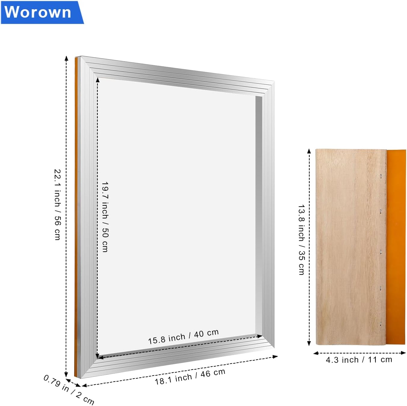 Worown 16 x 20 Inch Aluminium Silk Screen Printing Frame with 160 White Mesh and 1 Piece of 13.7 Inch Wooden Screen Printing Squeegee