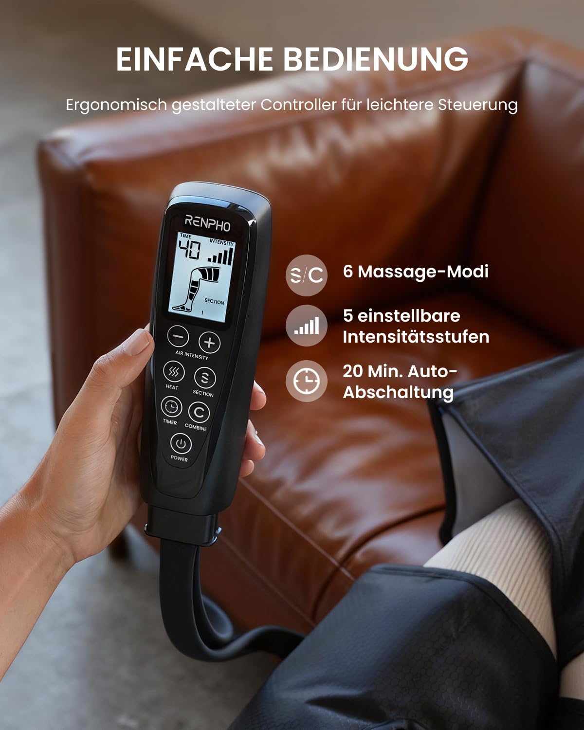 RENPHO Beinmassagegerät mit Wärme, 360° Bein Massager für Waden & Oberschenkel, Kabellos, 6 Modi & 5 Intensitäten, 2 Heizstufen, Lymphdrainage für Sportler, Weihnachtsgeschenke für Frauen & Männer