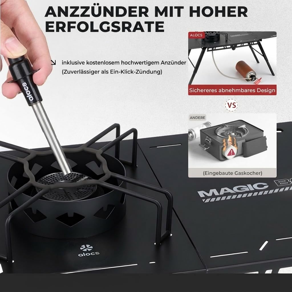 ALOCS Camping-Gasherd, IGT-Camptisch mit Outdoor-Herd, klappbarer Picknicktisch mit tragbarem Solo-Herd, Tragetasche, für Strand, Grillen, Wandern, Angeln, Tailgating, Hinterhof