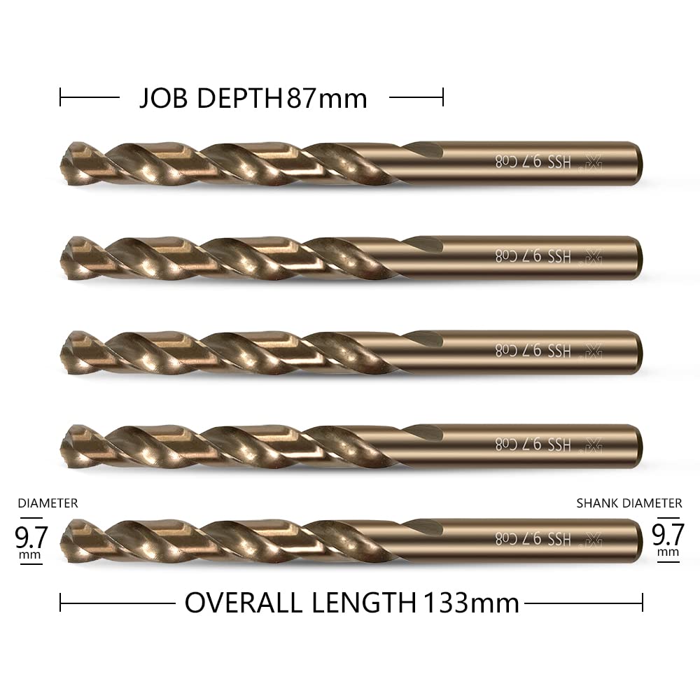 HUAZHICHUN 5PCS Size 9.7mm,M42 8% Cobalt,Titanium Drill bits,Metric Drill Set,HSS Drill Bit Set for Metal,Steel,Aluminum Alloy,Wood,Plastic