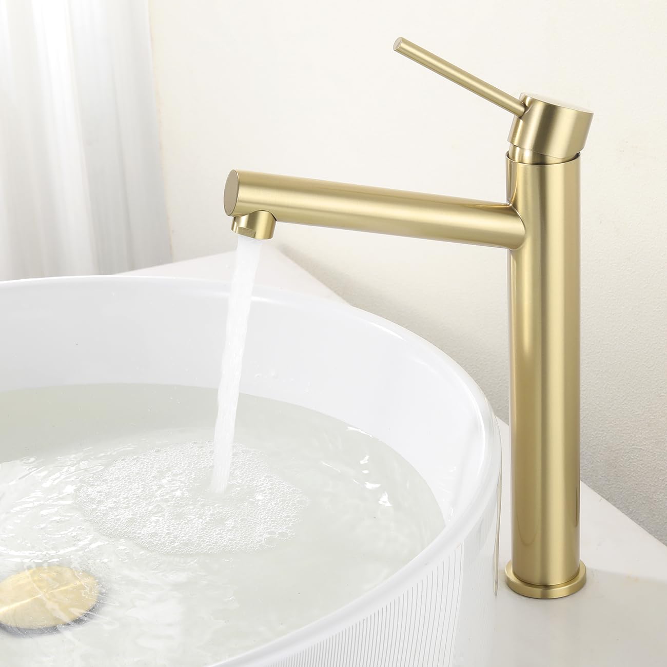 Rubinetto Lavabo Alto Oro, Angolo di Uscita Dell'acqua Umanizzato, Miscelatore Monocomando da Appoggio per Bagno, Acciaio Inox 304, Acqua Calda e Fredda, Aeratore Rimovibile