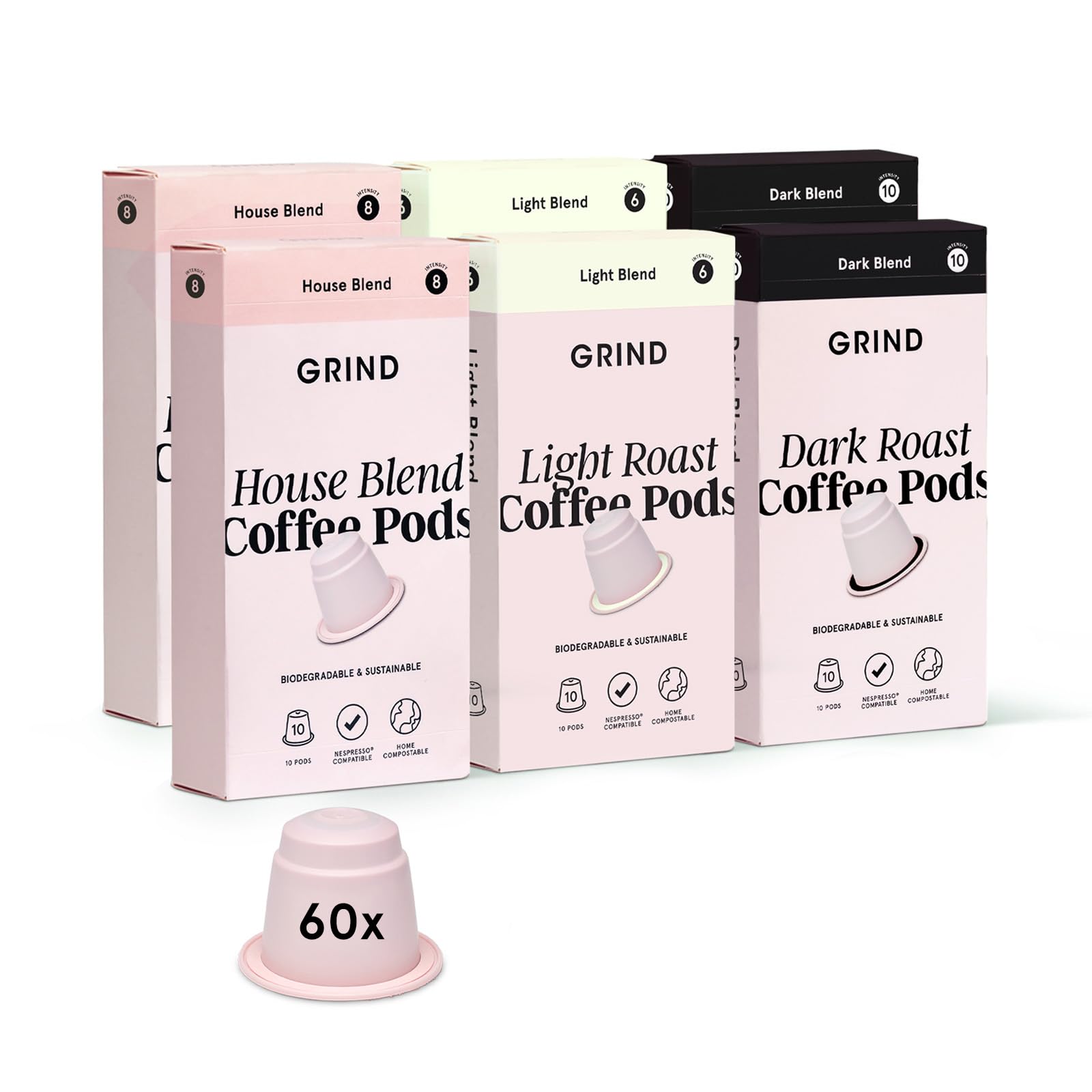 GrindVariety Coffee Pod Collection – House, Dark & Light Blend – Pack of 60 Biodegradable Capsules – 100% Arabica – Nespresso® Original Machine Compatible – Home Compostable – Gift Set