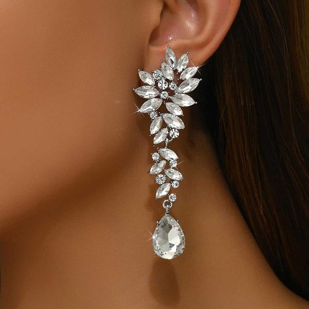 Silver Rhinestone Wedding Earrings for Women,Silver Sparkling Crystal Chandelier Earrings,Formal Cocktail Prom Teardrop Dangle Drop Statement Jewelry - Image 3