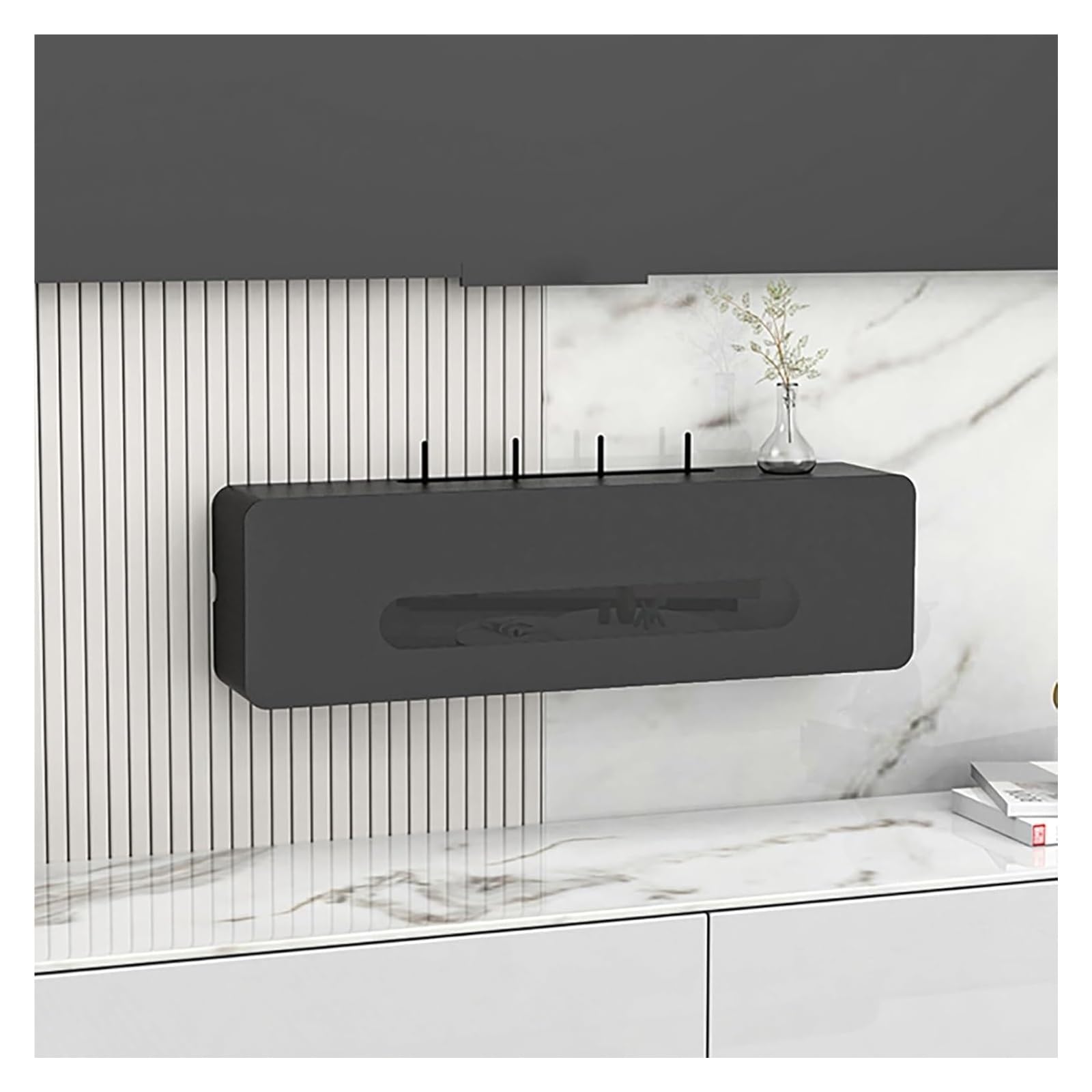 Boîtier de protection WiFi et meuble cache-prise mural noir de 70 cm en bois