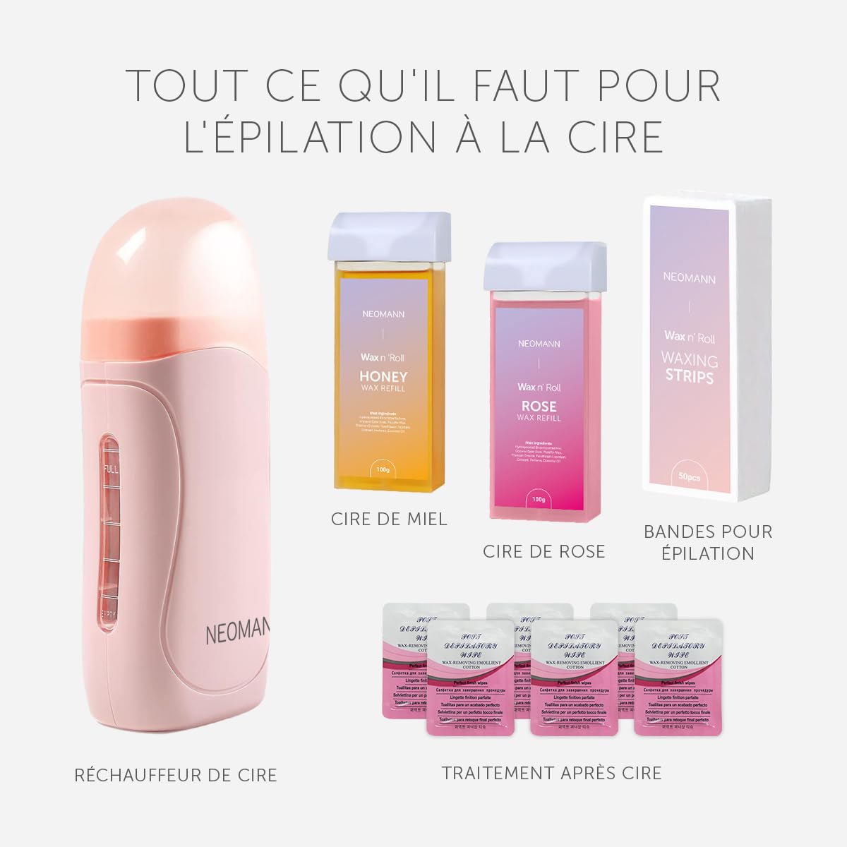 Wax n'Roll,Rouleau de cire avec 1pc rose 1pc cire miel et 6pcs après traitement et 50pcs papier ciré