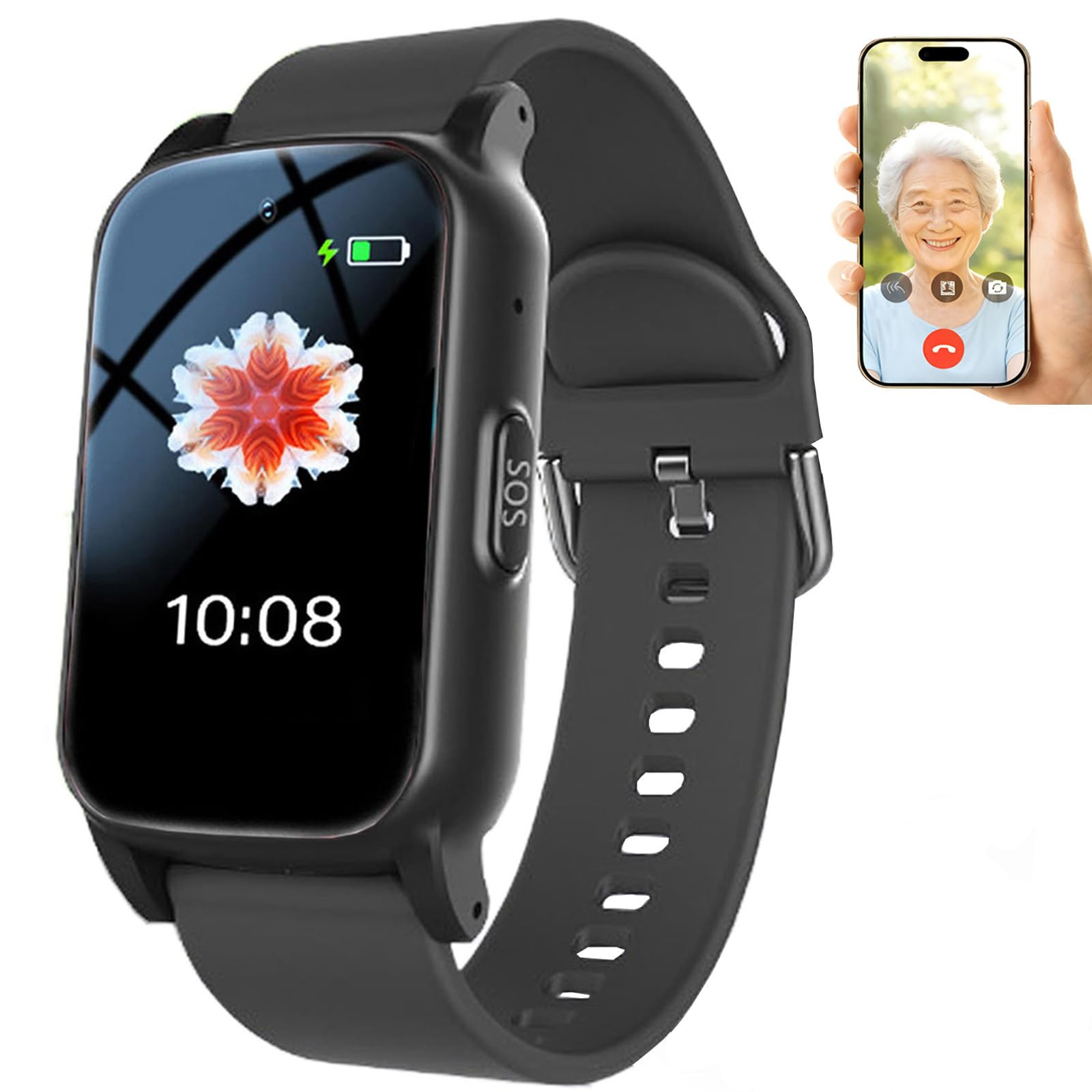 Notruf Uhr für Senioren, Notfalluhr mit Sturzsensor und GPS Tracker, HD Videoanruf Gesundheitsüberwachung, 1,47-Zoll-HD-Bildschirm IP67 Wasserfest für Alzheimer Black