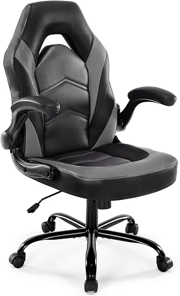 DUMOS Computer Game Desk Chair - Ergonomic PU Leather Lumbar Support, Height Adjustable High Back Video Game with Flip-up Armrest, Rolling Swivel for Adults, Deep Grey