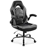 Computer Game Desk Chair - Ergonomic PU Leather Lumbar Support, Height Adjustable High Back Video Game with Flip-up Armrest, Rolling Swivel for Adults, Deep Grey