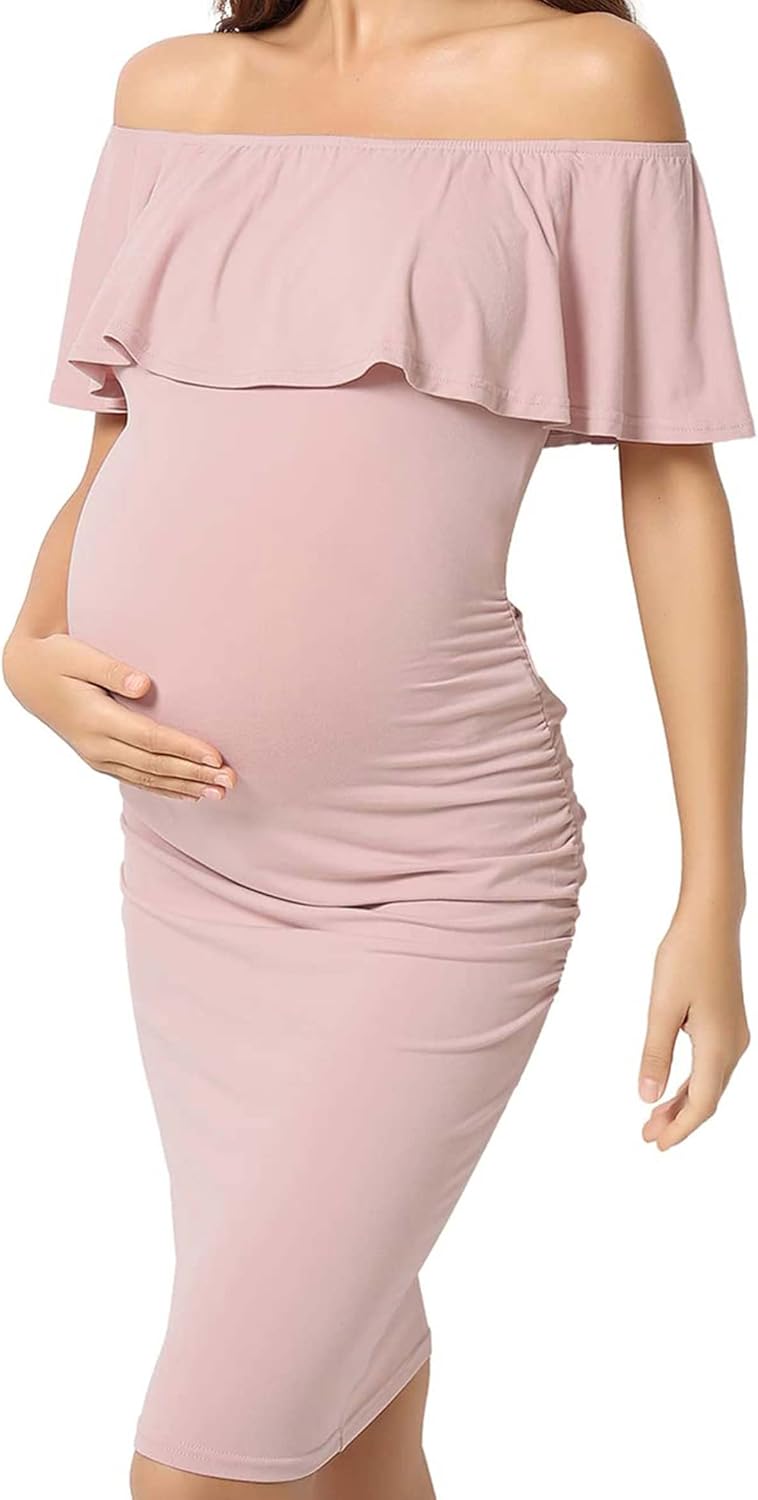 sleeveless women's light pink off the shoulder dress for pregnant Light Pink Sleeveless Tiered Maternity Maxi Dress – PinkBlush main image 0