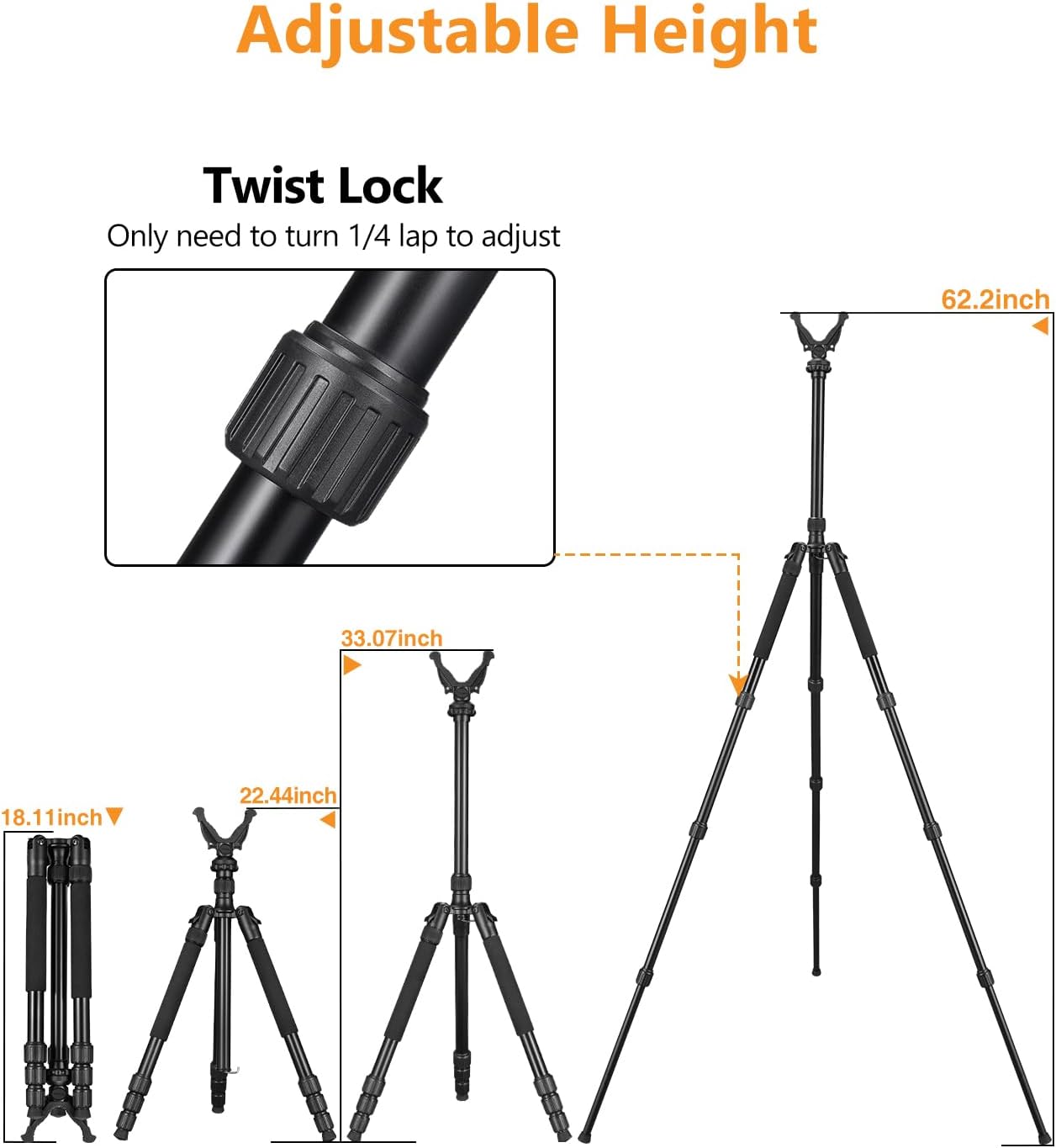 3-in-1 Shooting Stick Hunting Tripod Stand Shooting Tripod Gun Rifle Rest with Height Adjustment Center Column,Shooting Monopod Bipod Tripod with V Yoke for Hunting Shooting and Outdoor - Image 3