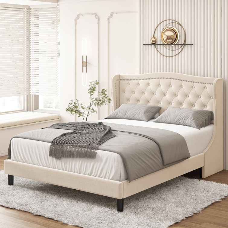 HITHOS Solid Wood Modern Upholstered Queen Size Bed with Tufted Headboard | Wooden Double Bed Cot palang Without Storage (Ivory) 1 Year Warranty-image-26