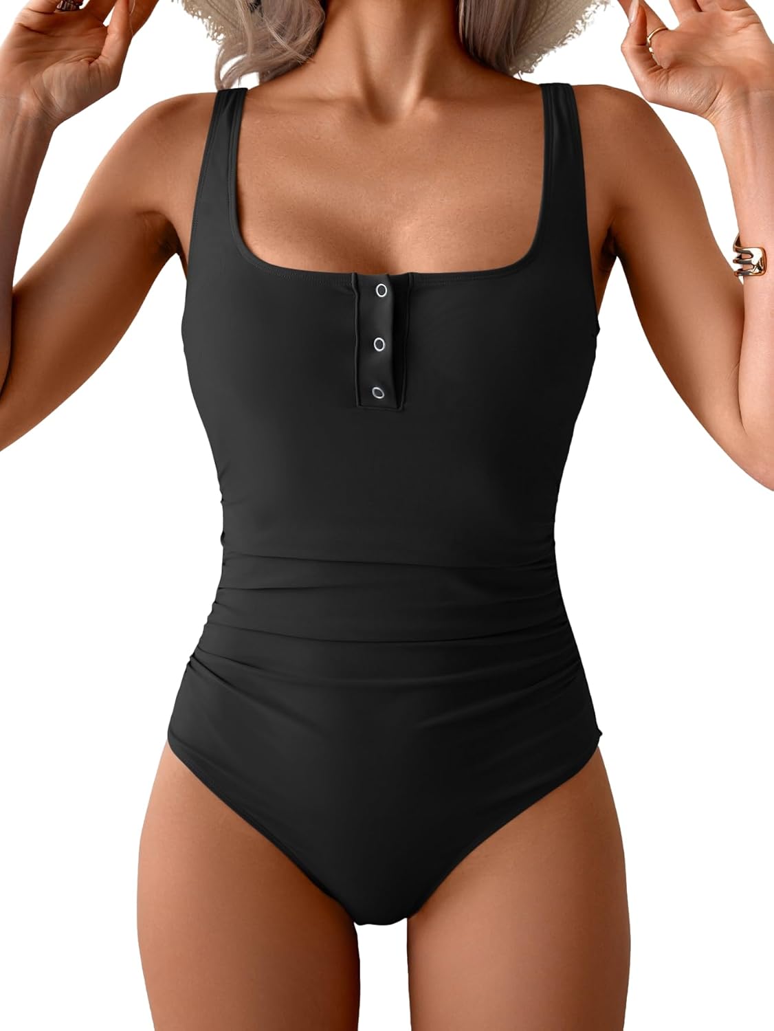 B2prity One Piece Swimsuit for Women Tummy Control Ruched Slimming Bathing Suit Button Full Coverage Swimwear