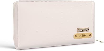 Mekhush Personalised Long Ladies Wallet Customised with Name and Charm- Stylish Vegan Leather with Secure Zipper Lock (Cream)