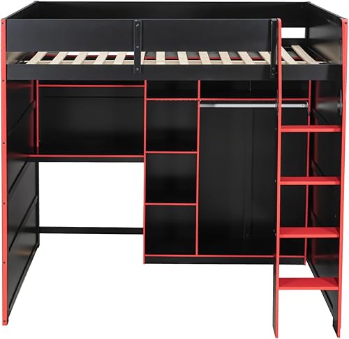 Miniatura 32 de Cama loft de madera para juegos de tamaño matrimonial con escritorio para computadora y luces RGB, cama para juegos, armario abierto integrado y