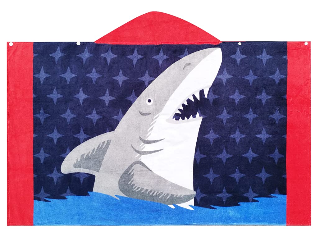 BANGSAUR Kids Hooded Beach Bath Towels, 100% Cotton 50"x30" Wrap Blanket, Toddlers Boys 3-12 Years Coverup Towel White Shark