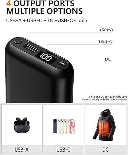 Miniatura 3 de ColdBye Batería de 12 V, 5 V, 20000 mAh, 12 V y 6500 mAh, batería externa recargable mejorada con cable USB-C integrado para chalecos calefactables,