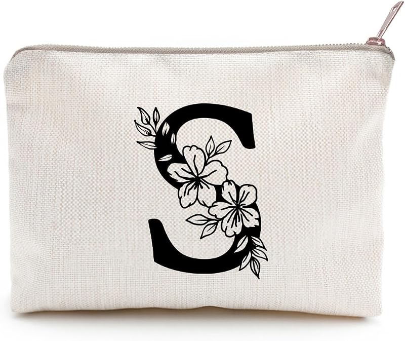 Necessaire floral personalizada LICOBG com inicial, de linho natural, tamanho S