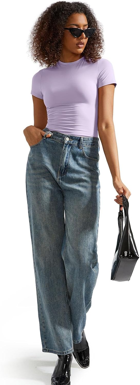 SUUKSESS Women Double Lined Fitted Basic Tee Crew Neck Short Sleeve Y2K Crop Top - Image 6