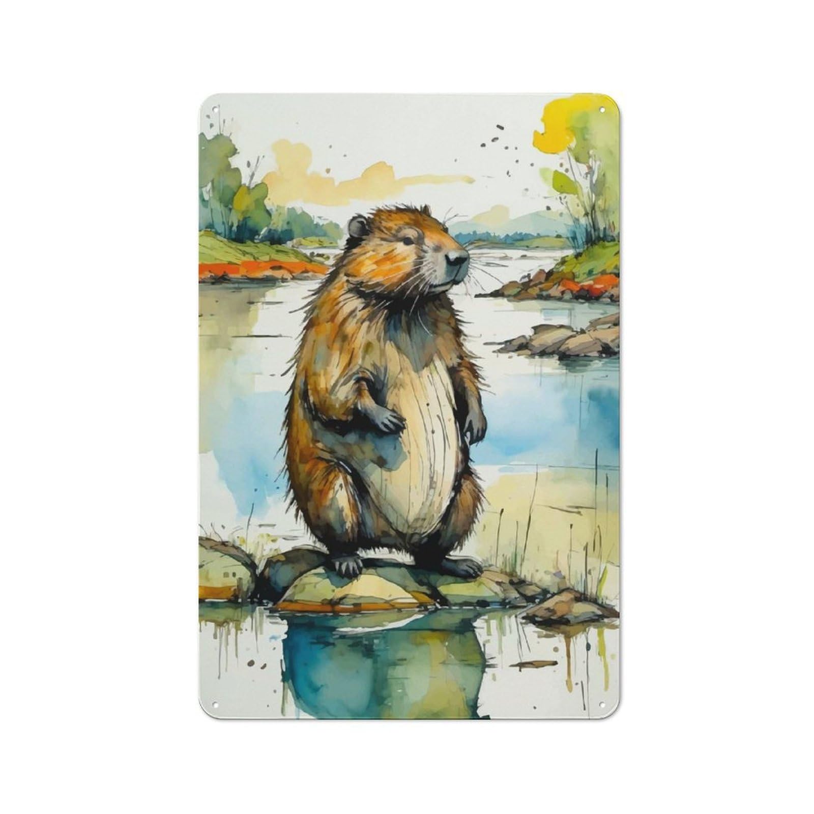 Junmoney Watercolor Beaver By The River Vintage Decorative Tin Plaque 30X20cm, Room Wall Plaque For Hallway, Home Bar, Garage Or Study