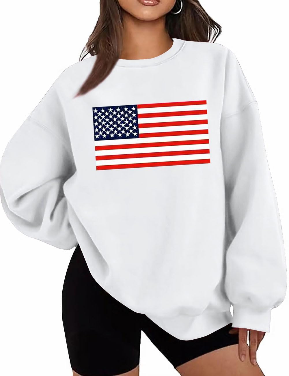 Dressmine Womens Oversized USA Sweatshirt Fleece Long Sleeve Pullover American Flag Crewneck Sweater Graphic Hoodies