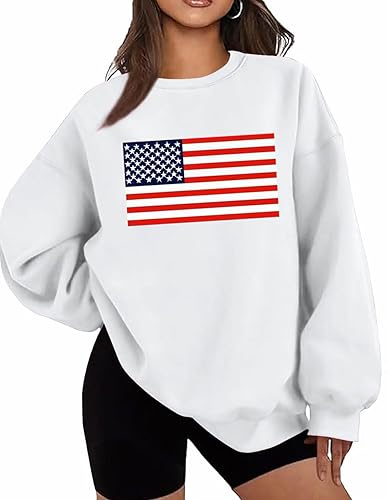 Womens Oversized USA Sweatshirt Crewneck American Flag Sweater Long Sleeve