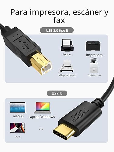 Miniatura 6 de CableCreation Cable de impresora USB B a USB C de 6.6 pies, cable de impresora tipo B a tipo C para MacBook Pro, Air, cable MIDI para piano digital