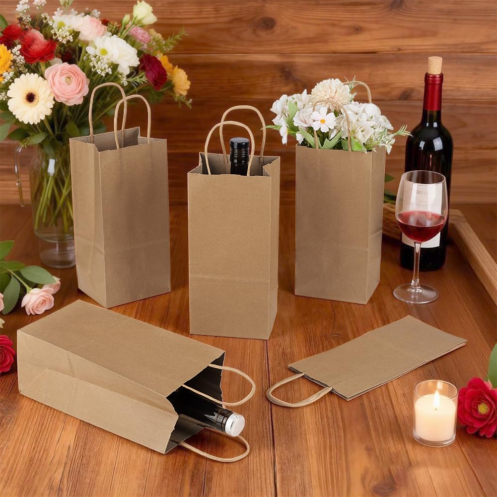 NBEADS 110 pz Sacchetti di Carta per Vino, Sacchetti Regalo Rettangolari In Carta Marrone Da 12.7x10x27cm con Manici per Feste di Inaugurazione Della Casa Compleanni Shopping, Cibo Da Asporto