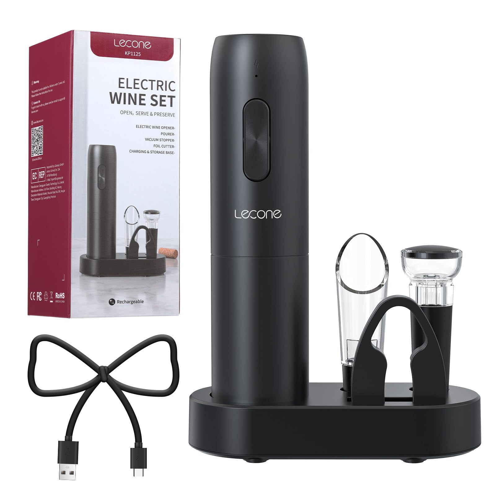 Cavatappi Elettrico Professionale 5 in 1 Lecone con Tagliapasta Stagnola, Tappo Vuoto, Versatore e Ricarica USB