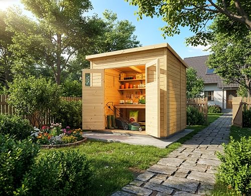 Alpholz Gerätehaus Mollie 251x199 cm Fichtenholz 14 mm Wandstärke Pultdach Holzhaus mit Montagematerial