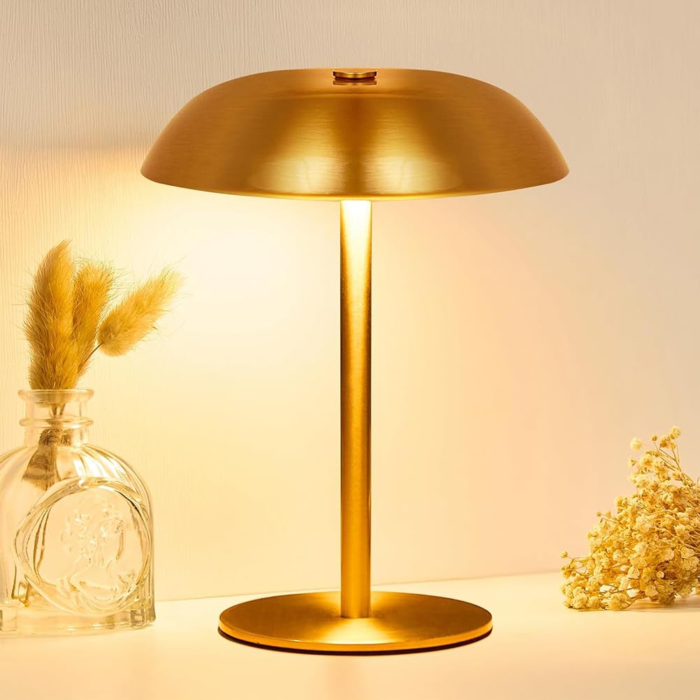 AoLa LED Mushroom Lamp Rechargeable Cordless Table Lamp with Touch Control Dimmable Gold USB Rechargeable Battery-Powered Bedside Lamp Portable Night Light for Bedroom Restaurant Camping