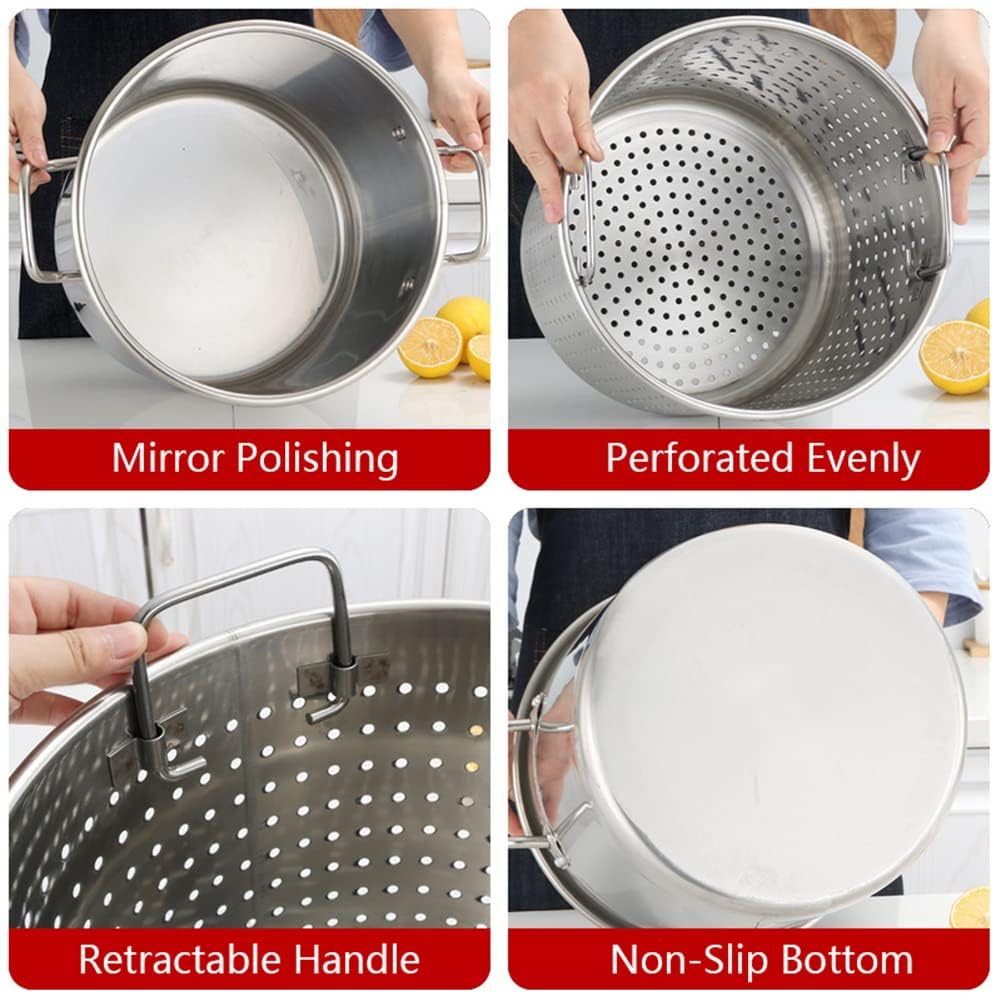 20-90l olla de almacenamiento con cesta de colador y mango retráctil, olla de cocina de mariscos de acero comercial olla de caldera de pescado de cangrejo de pavo freidora para cocinar al vapor y