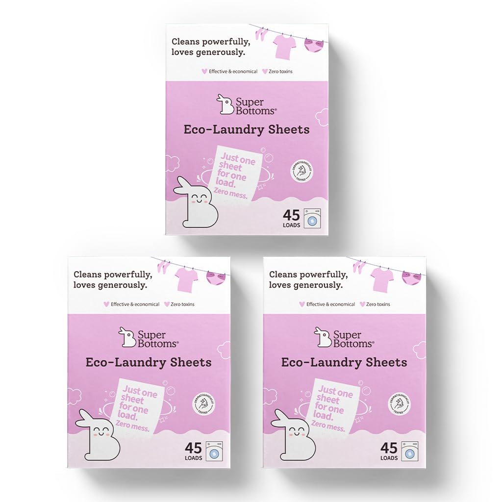 SuperBottoms Eco-Laundry Sheets Pack of 3 (45 Sheets each pack) |for Powerful Cleaning| Alternative to Power/Liquid Baby Detergent | Machine & Hand Wash | No Harsh Chemicals | Eco-friendly