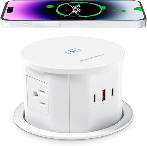 ANNQUAN Toma de corriente desplegable de 4.75 pulgadas con USB C de 65 W, cargador inalámbrico de 15 W, 4 tomas, 3 puertos USB, salida de