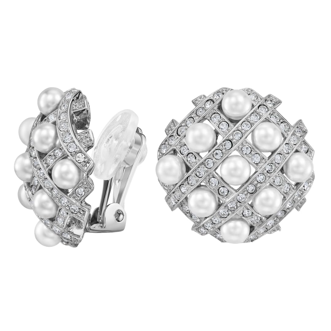 Traveller Ohrclips - Damen - Silberfarben - Perle - Ø 4mm - Weiß - Kristalle - Platiniert - 22x22mm - 114358