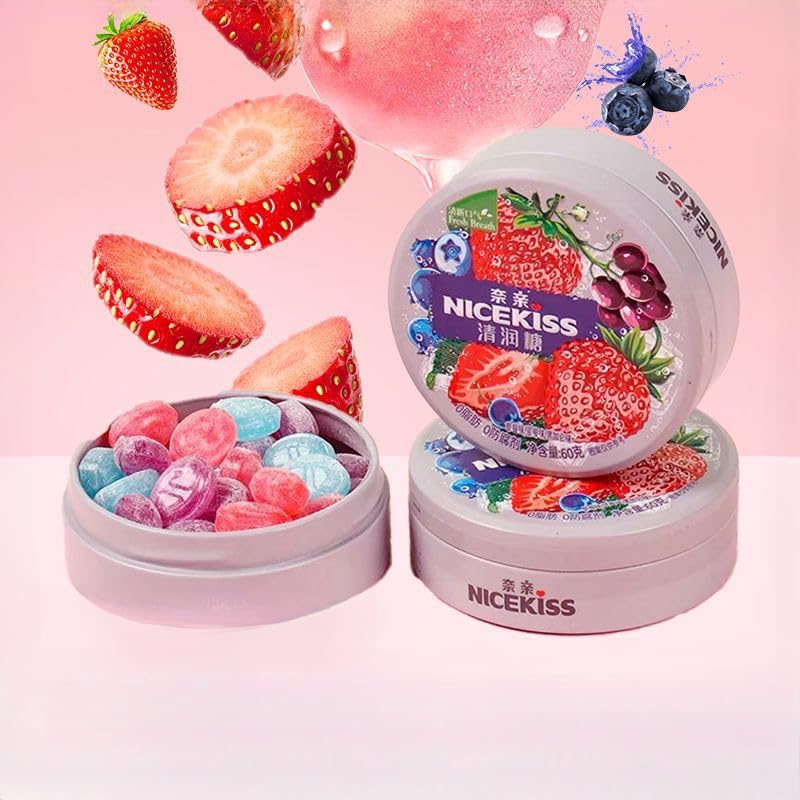 Assorted fruit juice hard candy, kiss candy, white peach strawberry blueberry sugar 60g, juice content >30%, refreshing mint sugar, canned sweet gift (Strawberries blueberries blackcurrants,2 cans)