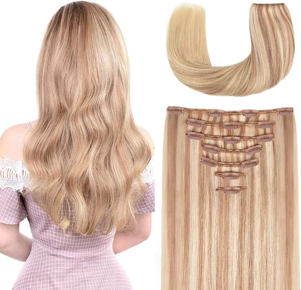 22 Inch Clip-in Hair Extensions Remy Human Hair for Women - Soft Handmade Real Human Hair Clip in Extensions, Straight, Thick, 165g 7pcs #18-613 Color
