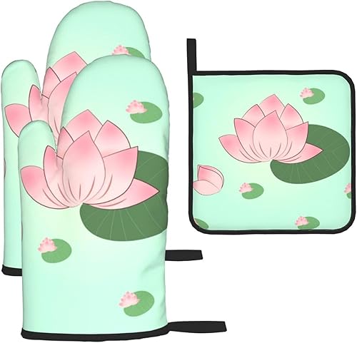 Lotus Flowers Waiting to Bloom Oven Mitts and Pot Holders Set 3 PcsïNon-Slip Cooking Gloves for Cooking Baking Grilling